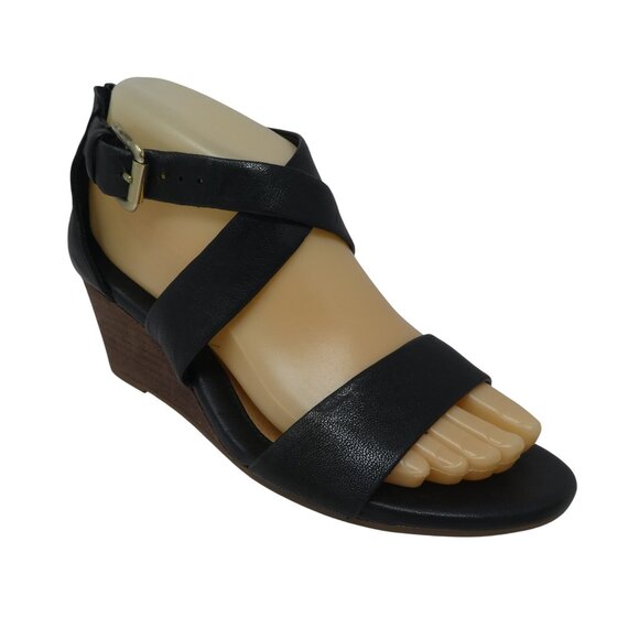 Sofft Mauldin Black Leather Open Toe Cross Strap Wedge Heel Sandals Womens 7 - Picture 1 of 13
